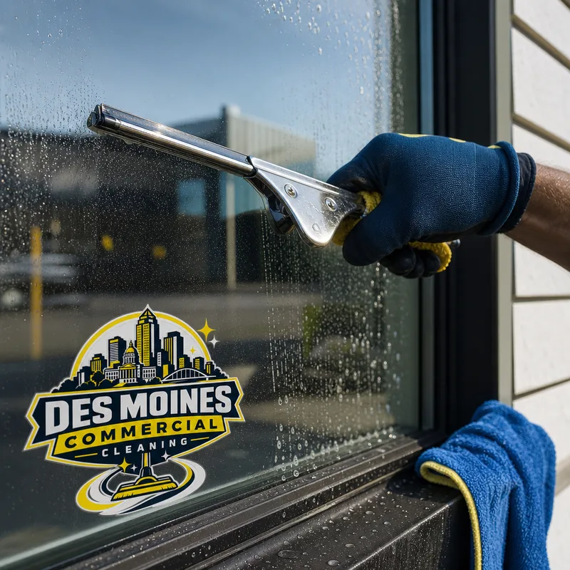 Squeegee pulling clean water from commercial window glass beside a microfiber detail towel