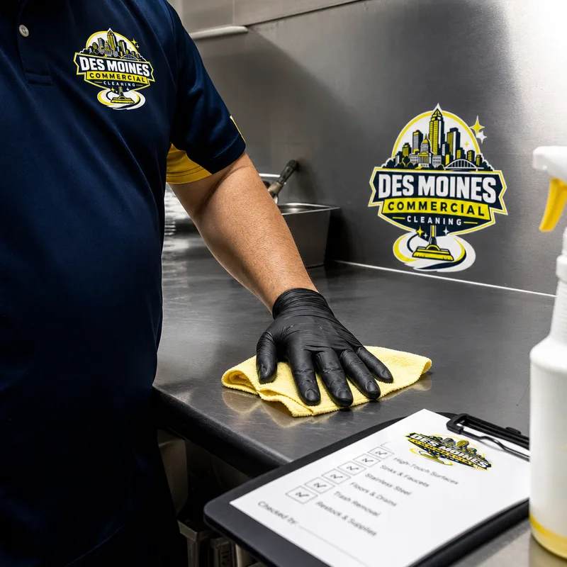 Technician wiping a stainless prep table and backsplash beside a cleaning checklist