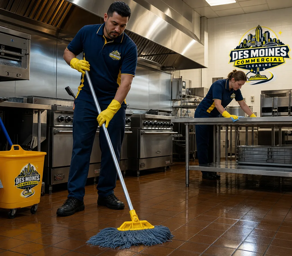 After-hours restaurant cleaners mopping a commercial kitchen and wiping stainless prep tables