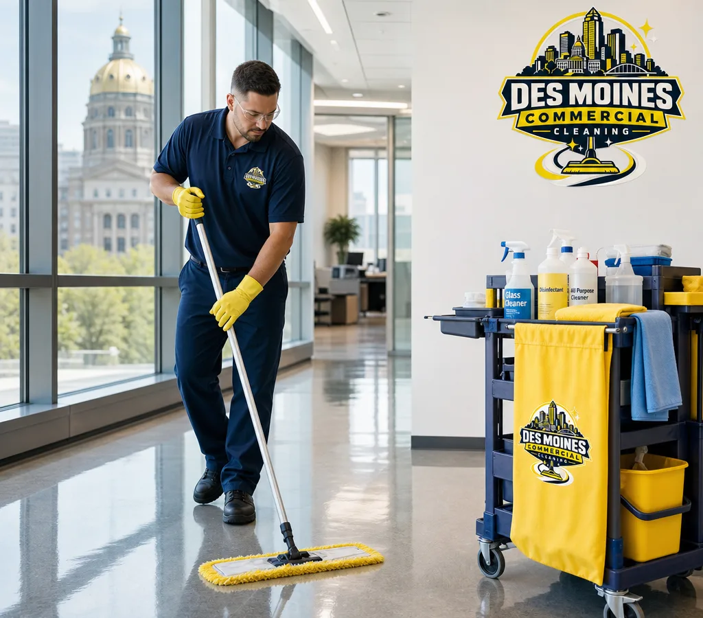 Cleaning technician mopping and detailing a bright modern office corridor with a stocked cleaning cart