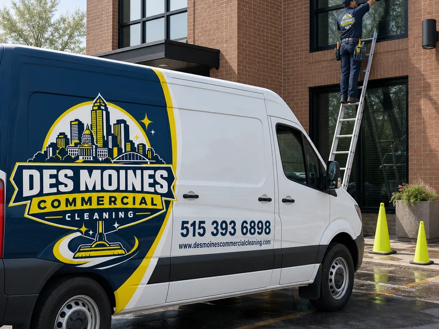 Technician cleaning second-story commercial windows from a ladder with a coned work area