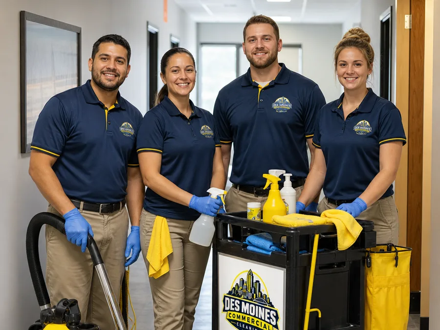 Uniformed Des Moines commercial cleaning crew ready with carts and labeled supplies